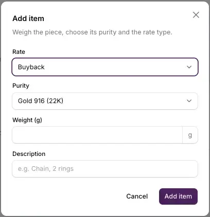 Mayam jewellery buyback item entry interface